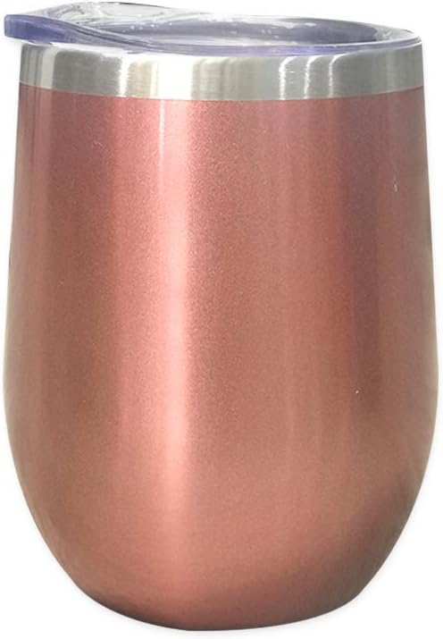 12oz Wine Mug Stainless Steel Tumbler Vacuum Double Wall Glass Stemless coffee Lid Gift Straw Travel Bottle Cocktail Large Walled Unbreakable Water Ice Champagne Cold Beer Drink (Rose Gold)