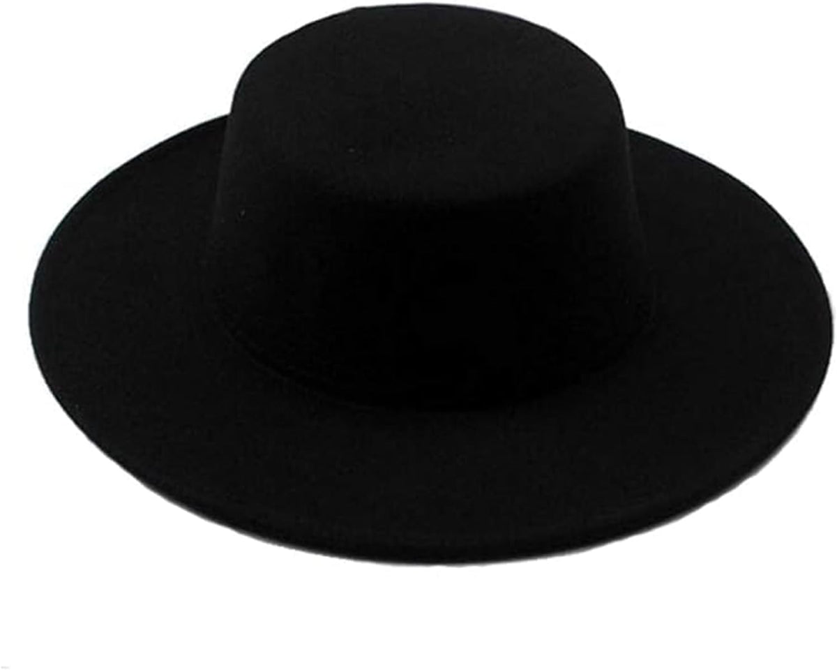 1PCS Black Classic Flat Top Blend Fedora Hat Brim Church Derby Cap for Unisex Men Women Head Circumference 22-22.8in