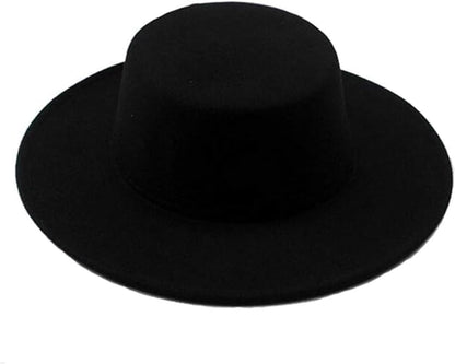 1PCS Black Classic Flat Top Blend Fedora Hat Brim Church Derby Cap for Unisex Men Women Head Circumference 22-22.8in