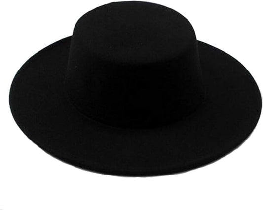 1PCS Black Classic Flat Top Blend Fedora Hat Brim Church Derby Cap for Unisex Men Women Head Circumference 22-22.8in
