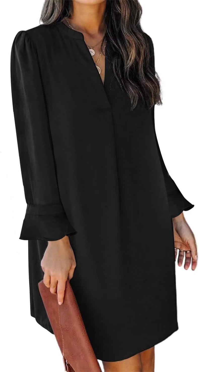 QACOHU Fall Dresses for Women 2026 Casual V Neck Long Sleeves Flowy Mini Tunic Dress.