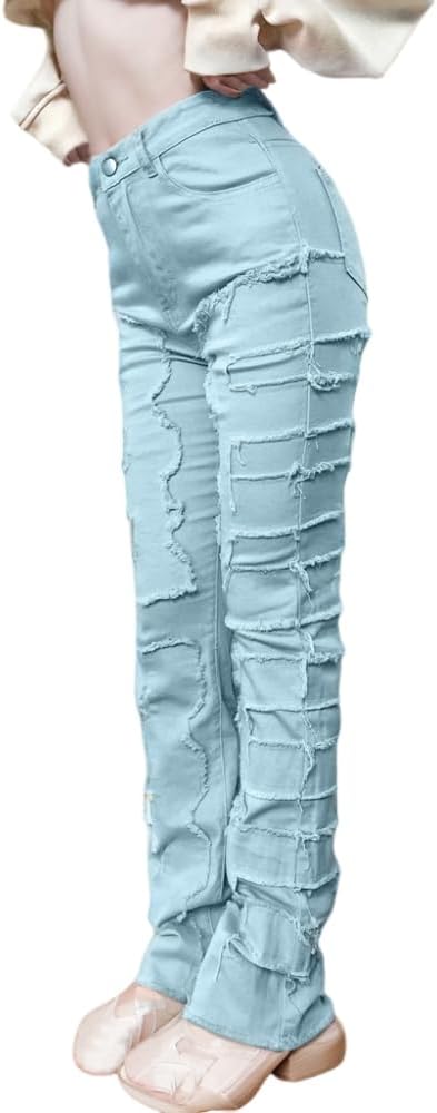 TIAFORD Women's Fashion Washed Raw Edges Straight Jeans Casual Stretchy Overlay High Waist Denim Pants Trousers for Women