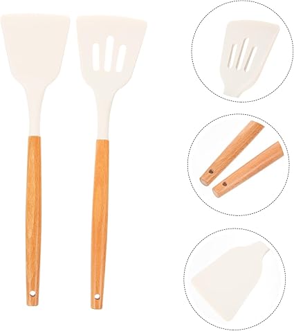 DOITOOL 2pcs Wood Spatulas Kitchen Silicone Non-Stick Shovel Cookware Shovels Cooking Supplies Utensils