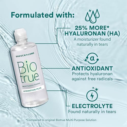 Biotrue Hydration Plus Contact Lens Solution with Lens Case, Multi-Purpose Solution for Soft Lenses, Hydrates with Hyaluronan, Cleans, Clears, and Disinfects for All-Day Comfort, 10 Fl Oz (Pack of 2)