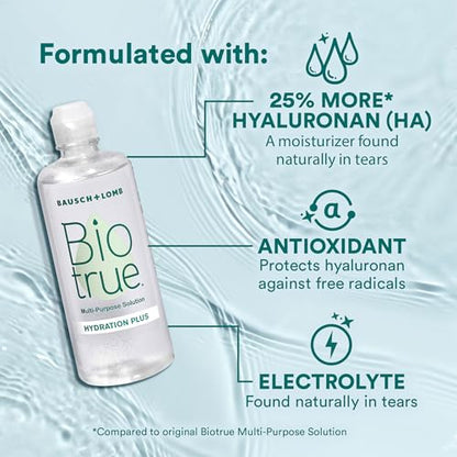 Biotrue Hydration Plus Contact Lens Solution with Lens Case, Multi-Purpose Solution for Soft Lenses, Hydrates with Hyaluronan, Cleans, Clears, and Disinfects for All-Day Comfort, 10 Fl Oz (Pack of 2)