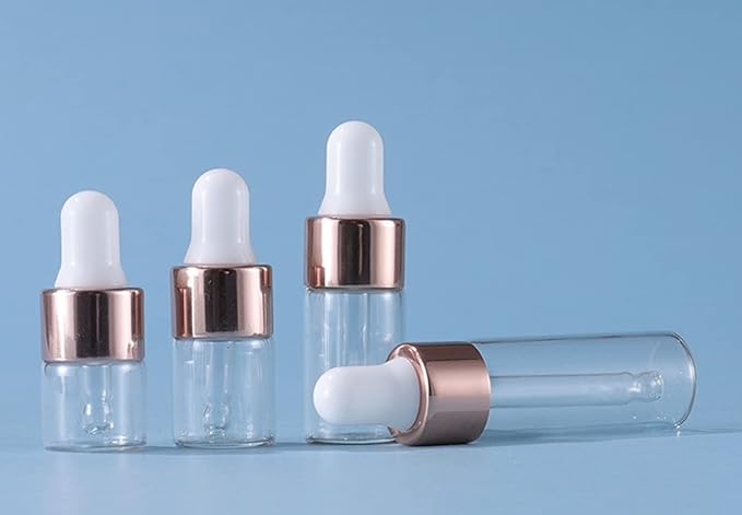 50 Pcs Mini Glass Dropper Bottle Lab Dropping Bottles Essential Oil Dropper Bottles Cosmetic Sample Vials Dropping Sample Containers Eye Dropper Dispenser (Rose Gold, 1ML)