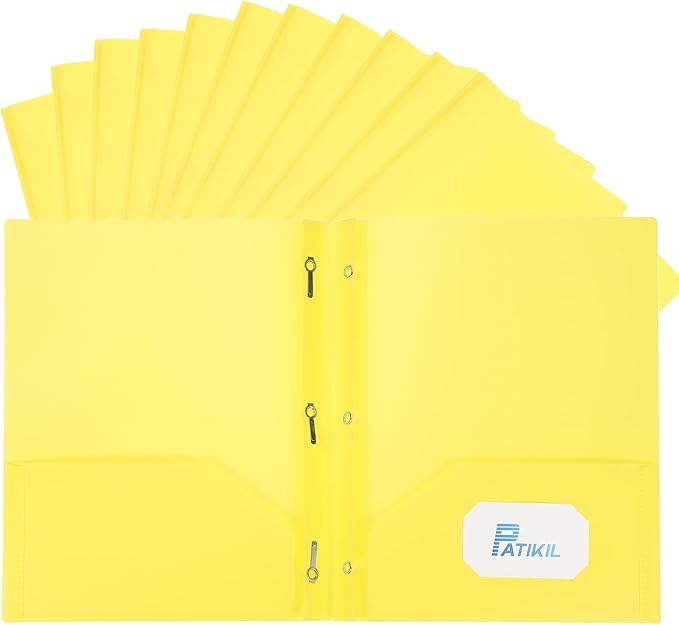 PATIKIL Pocket Folders with Prongs, 12 Pcs Heavy Duty Plastic Pocket Folders with 3 Fasteners Fit Letter Size Paper for Resume Documents Files Letters, Yellow