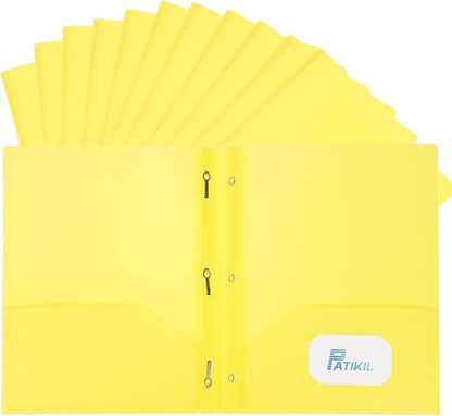 PATIKIL Pocket Folders with Prongs, 12 Pcs Heavy Duty Plastic Pocket Folders with 3 Fasteners Fit Letter Size Paper for Resume Documents Files Letters, Yellow