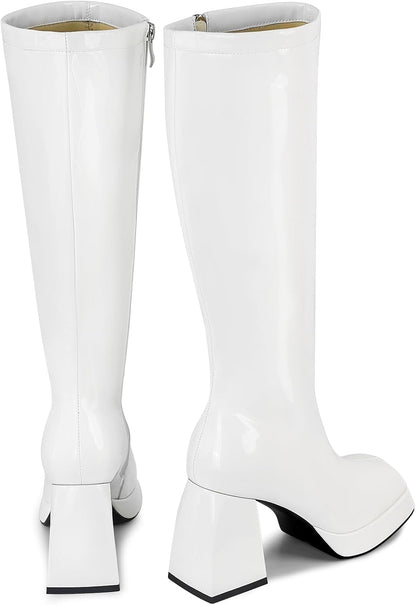 Boots Platform Boots for Women Fashion Square Toe Chunky Block Heeled Boots Side Zip