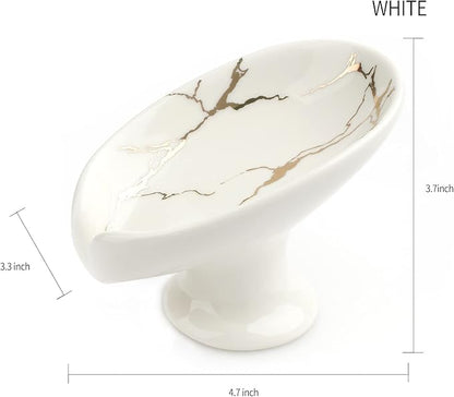 Self-Draining Soap Dish White Ceramic with Marble Brush Gold Soap Holder Waterfall Soap Dish Soap Savers for Bar Soap, for Bathroom, for Shower, for Bar Counter.