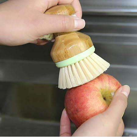 1 Pack Dish Brush Vegetable and Fruit Brush with Bamboo Handle and Detachable Woven Lanyard