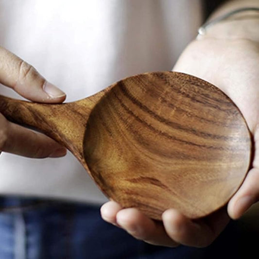 Wooden Rice Spoon, Natural Wood Non-stick Rice Scooper with Round Shallow Head Food Service Spoon Kitchen Utensils for Rice Potato Salads Desserts, 7 Inch