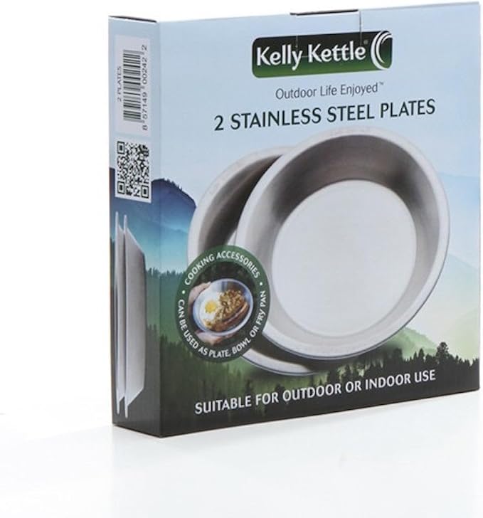 Kelly Kettle Camping Plates Can Also Be Used As Camping Bowls or a Camp Fry Pan Stainless Steel Plates come as a set of 2 7.75 inches in Diameter and 1 Inch Deep.