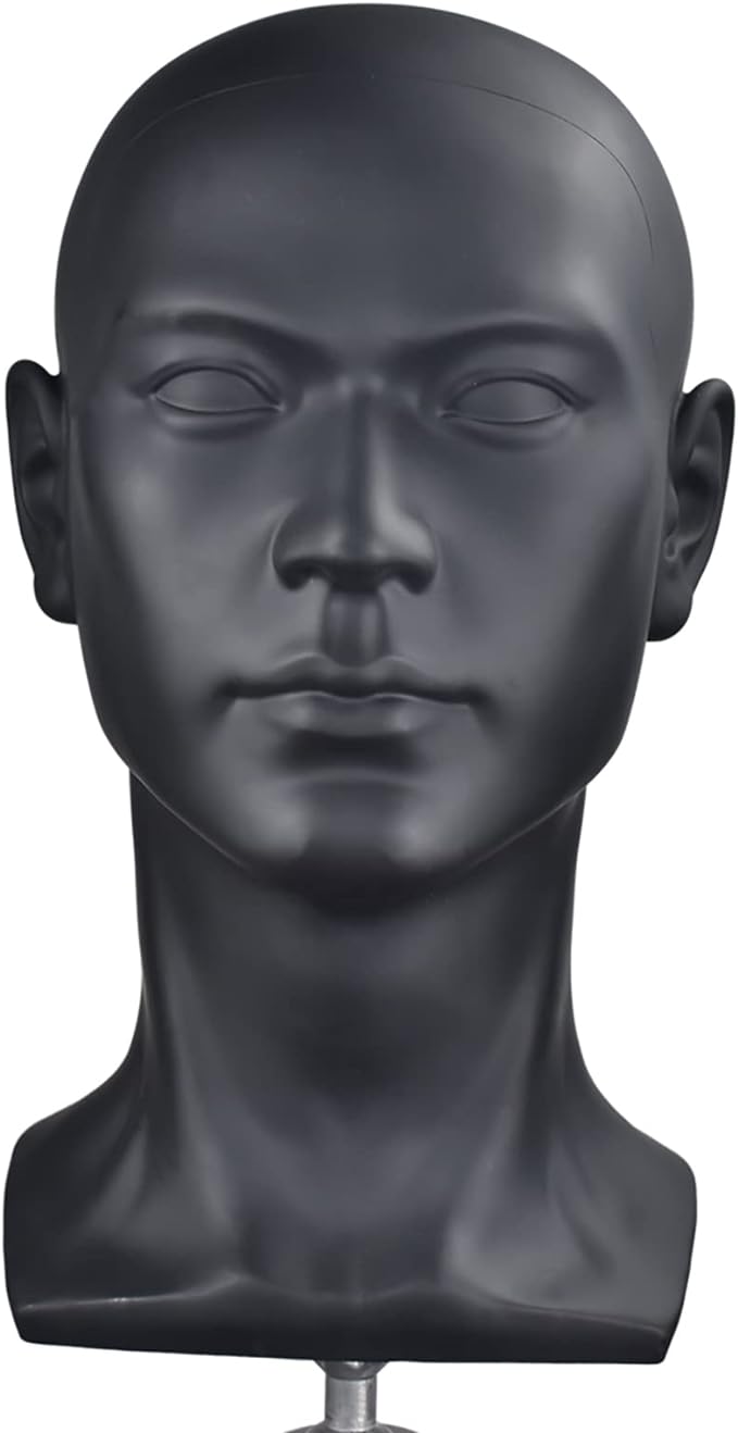 PVC Mannequin Head Black Male Manikin Dummy Stand Model Display Hat Scarf Wigs Hair Glasses Hat Beauty Styling Tool (Matte black)