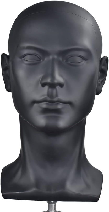 PVC Mannequin Head Black Male Manikin Dummy Stand Model Display Hat Scarf Wigs Hair Glasses Hat Beauty Styling Tool (Matte black)