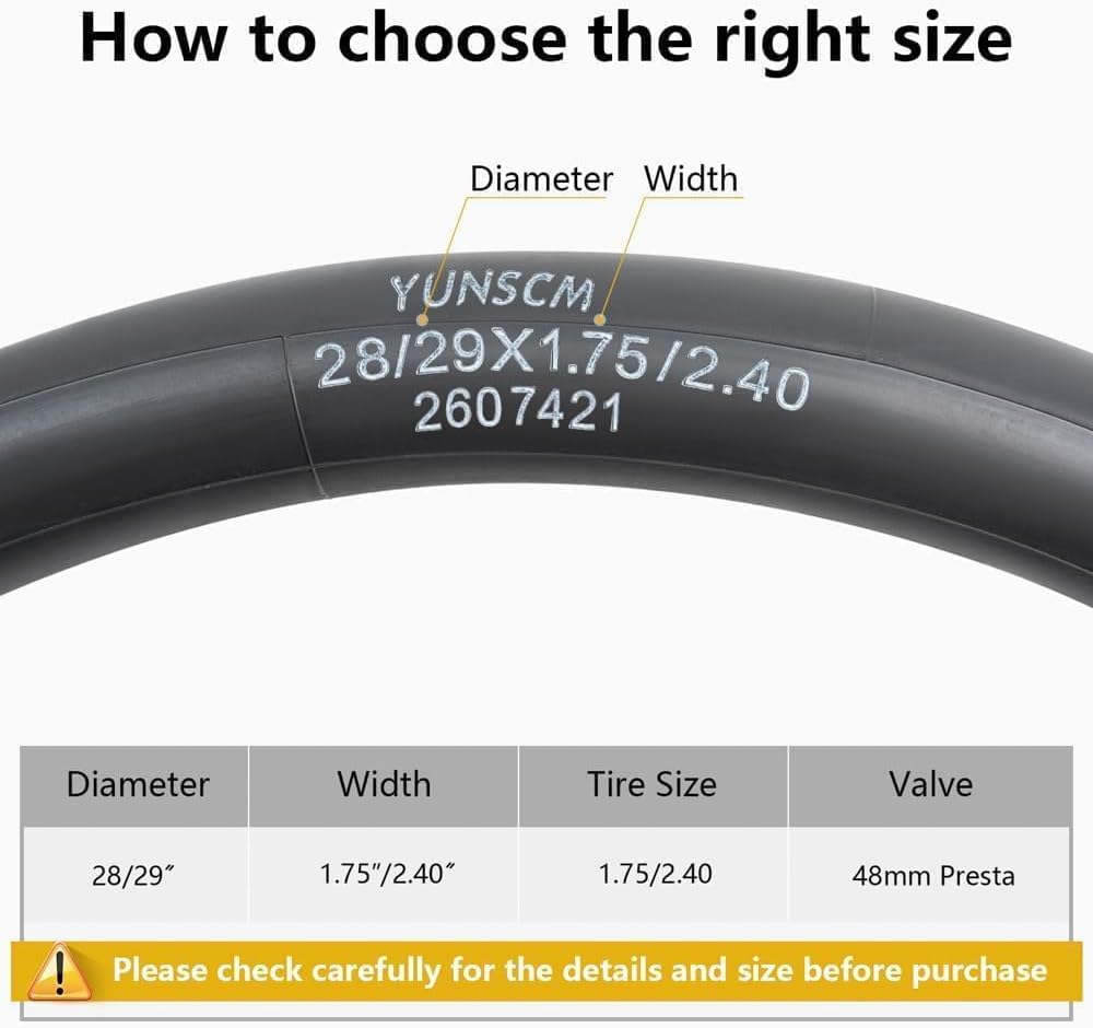 YUNSCM 29" Heavy Duty Bike Tubes 29x1.75/2.40 29 inch Bicycle Tubes Compatible 28/29x1.75/1.95/2.0/2.1/2.125/2.25/2.3/2.40 (45/62-622) Bike Tire Tubes FV48mm Presta Valve, 2 PCS