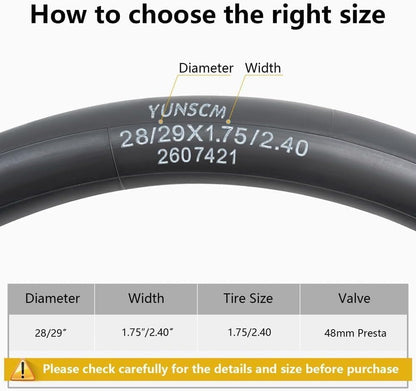 YUNSCM 29" Heavy Duty Bike Tubes 29x1.75/2.40 29 inch Bicycle Tubes Compatible 28/29x1.75/1.95/2.0/2.1/2.125/2.25/2.3/2.40 (45/62-622) Bike Tire Tubes FV48mm Presta Valve, 2 PCS