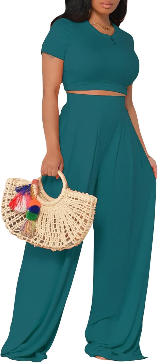 Women's Casual Summer 2 Piece Outfits Short Sleeve Crop Top Wide Leg Pants Set Jumpsuits