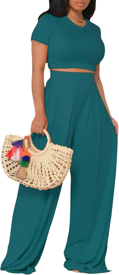 Women's Casual Summer 2 Piece Outfits Short Sleeve Crop Top Wide Leg Pants Set Jumpsuits