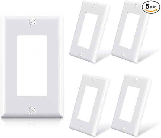 ELEGRP Decorative Receptacle Wall Plate, 1-Gang Standard Size Decorator Covers, Unbreakable Polycarbonate Faceplates for Decorator Device, UL Listed, Screws Included (5 Pack, Glossy White)