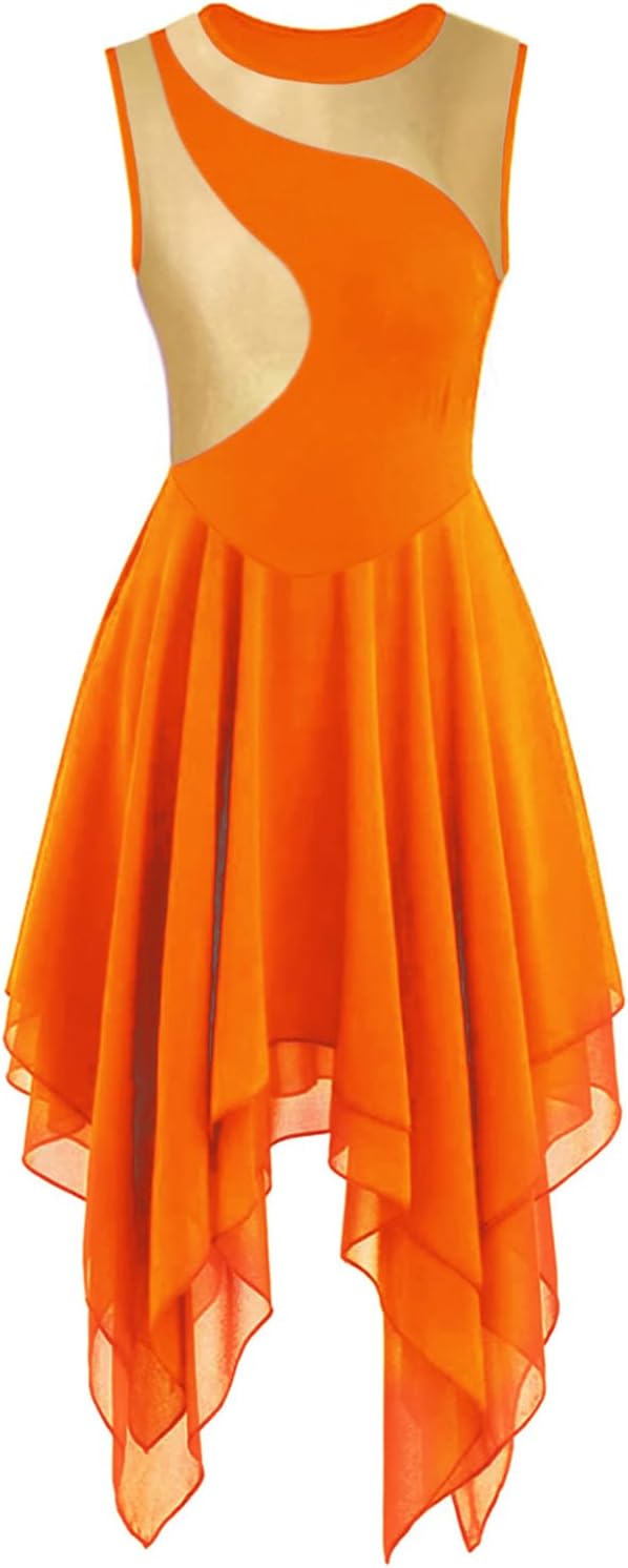 ELLYDOOR Praise Dance Tunic Dresses for Women Sleeveless Gold Color Block Irregular Flowy Skirt Worship Lyrical Dance Costume.