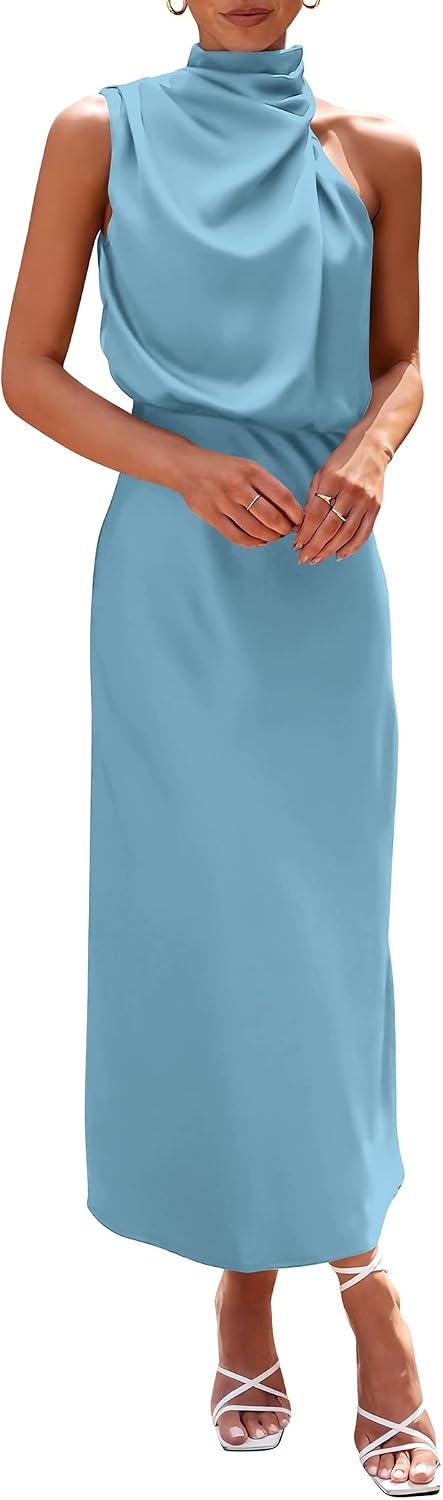 This sleeveless maxi dress features a mock neck design and a silky smooth satin material that's perfect for summer events and parties.