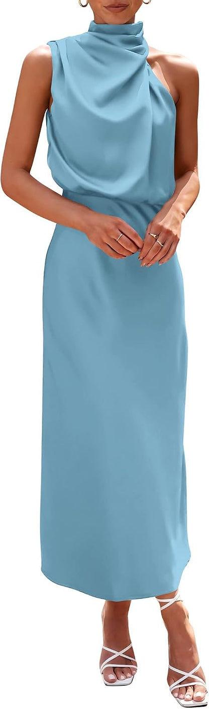 This sleeveless maxi dress features a mock neck design and a silky smooth satin material that's perfect for summer events and parties.