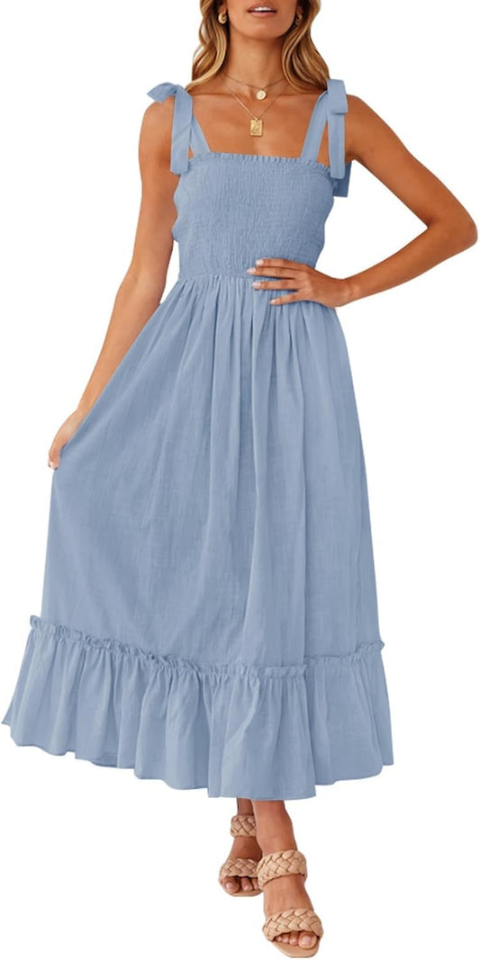 This ZESICA boho maxi dress features a flattering square neckline, spaghetti straps, and a flowy, ruffled skirt - perfect for summer days and nights.