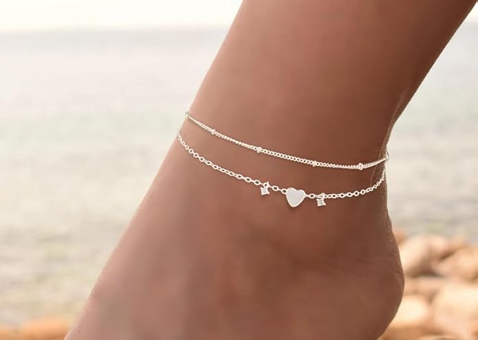 Trendy Anklets for Women Dainty Ankle Bracelet CZ Evil Eye Heart Layered Bracelets Set Gifts Summer Beach Jewelry
