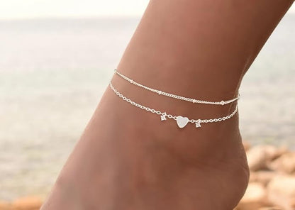 Trendy Anklets for Women Dainty Ankle Bracelet CZ Evil Eye Heart Layered Bracelets Set Gifts Summer Beach Jewelry
