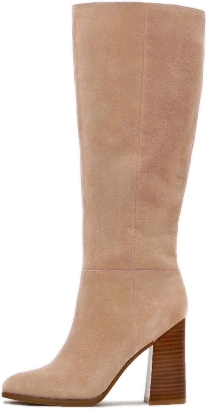 Erocalli Knee High Boots Women Fall Chunky Block High Heel Tall Long Fashion Boot Round Toe Side Zipper.