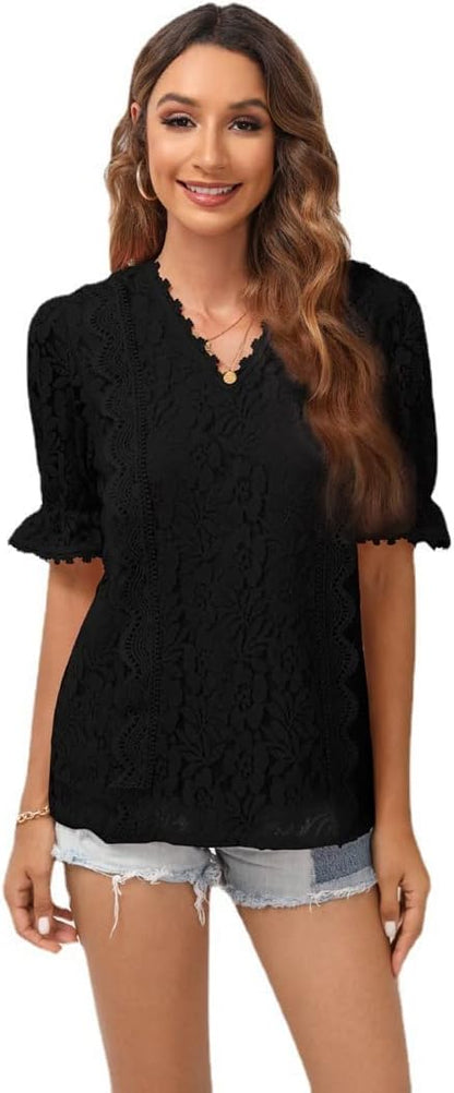Women's Lace Embroidered Ruffle Short Sleeve Blouses and Tops Dressy Casual V Neckline Tunic Blouse Tops Summer Shirts