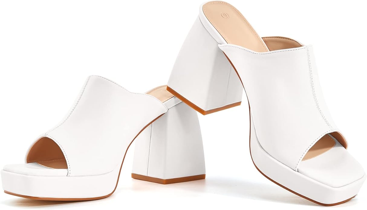 Coutgo Womens Chunky Platform Mules Sandals Slip On Block Heels Square Toe High Heeled Dress Shoes