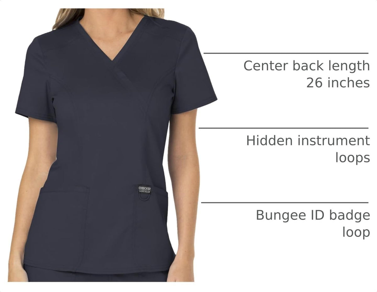 6XL Cherokee WW Revolution Scrub Tops Women Mock Wrap 2 Pockets Nurse Shirt | Slim Fit, Instrument Loop, Soft 2-Way Stretch Fabric, Durable Construction, Side Vents, Easy Care, Breathable, Healthcare Use