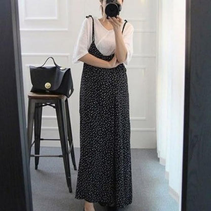 Wide leg jumpsuit, women's polka dot suspender, cropped pants, casual loose overalls