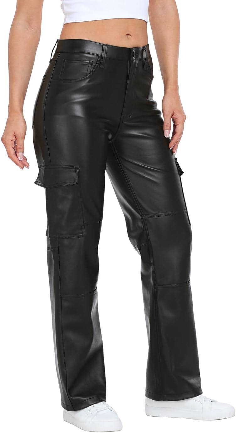 NIMIN Women's Faux Leather Cargo Pants with Pockets High Waisted Y2K Relaxed Pant
