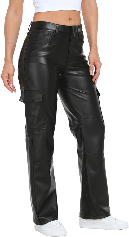 NIMIN Women's Faux Leather Cargo Pants with Pockets High Waisted Y2K Relaxed Pant