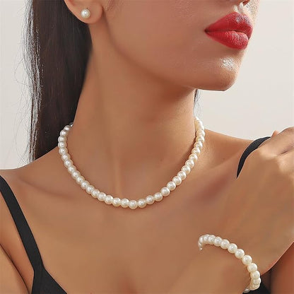 CSIYANJRY99 Pearl Necklace and Earring Set Faux Pearl Jewelry Sets for Women Imitation Beaded Pearl Necklace Bracelet Stud for Women ( No earrings)