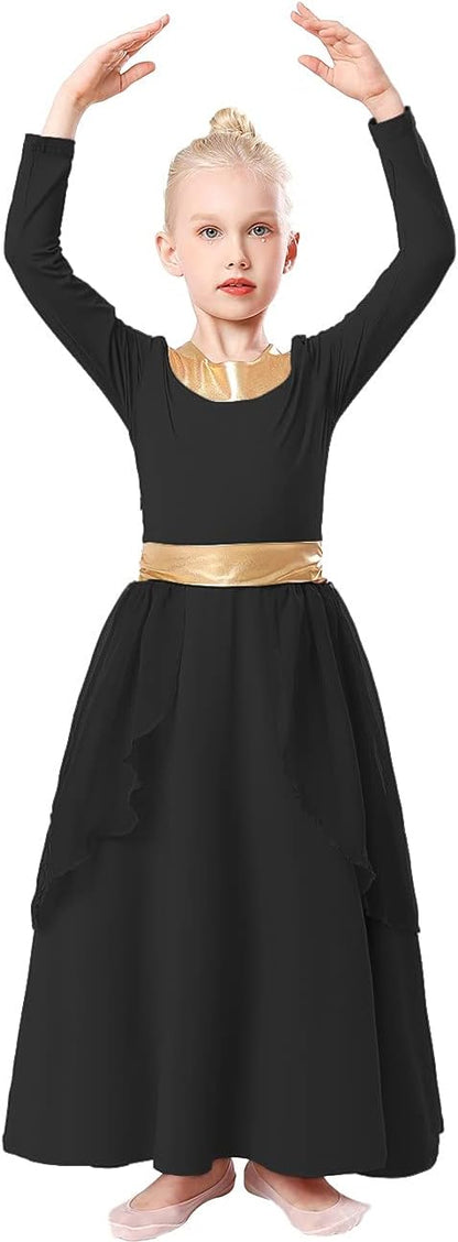 REXREII Kids Girls Praise Dance Robe Metallic Waistband Long Sleeve Liturgical Worship Dress Chiffon Skirt Lyrical Frock.