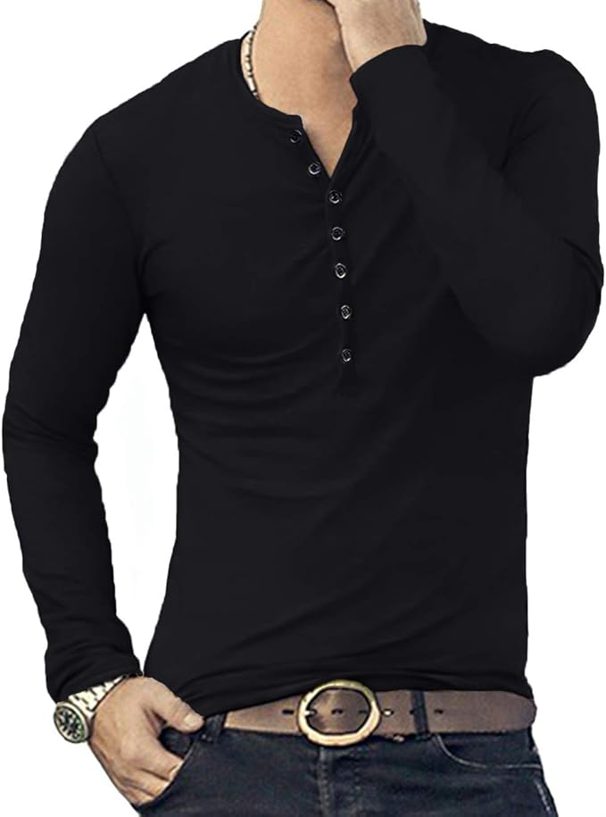 YTD Mens Casual Slim Fit Basic Henley Long Sleeve Fashion T-Shirt