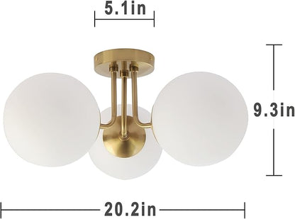 Brass 3 Lights Semi Flush Mount Ceiling Light Fixture, Frosted Glass Shade Vintage Close to Ceiling Light Fixture, Modern Indoor Flush Mount Light for Bedroom, Sputnik Ceiling Lights Fixture