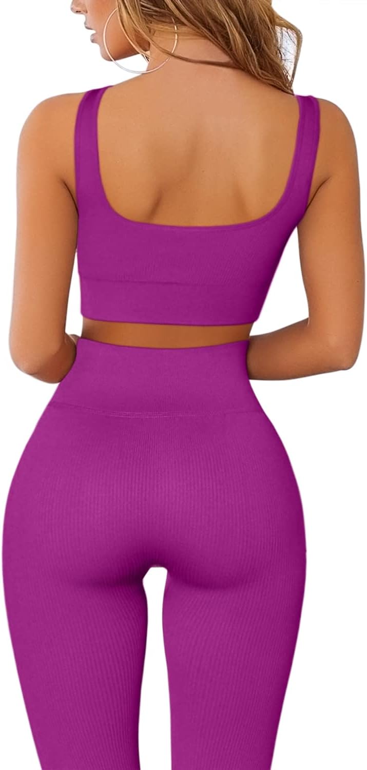 FAFOFA Ribbed Workout Outfits for Women 2 Piece Seamless Sport Bra High Waist Yoga Leggings Sets