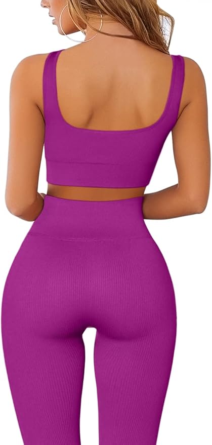 FAFOFA Ribbed Workout Outfits for Women 2 Piece Seamless Sport Bra High Waist Yoga Leggings Sets