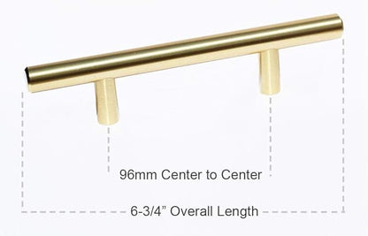 Satin Brass Cabinet Hardware Euro Style Bar Handle Pull - 6-3/4" Length - 96mm ~ 3-3/4" Hole - Brushed Brass Modern Gold