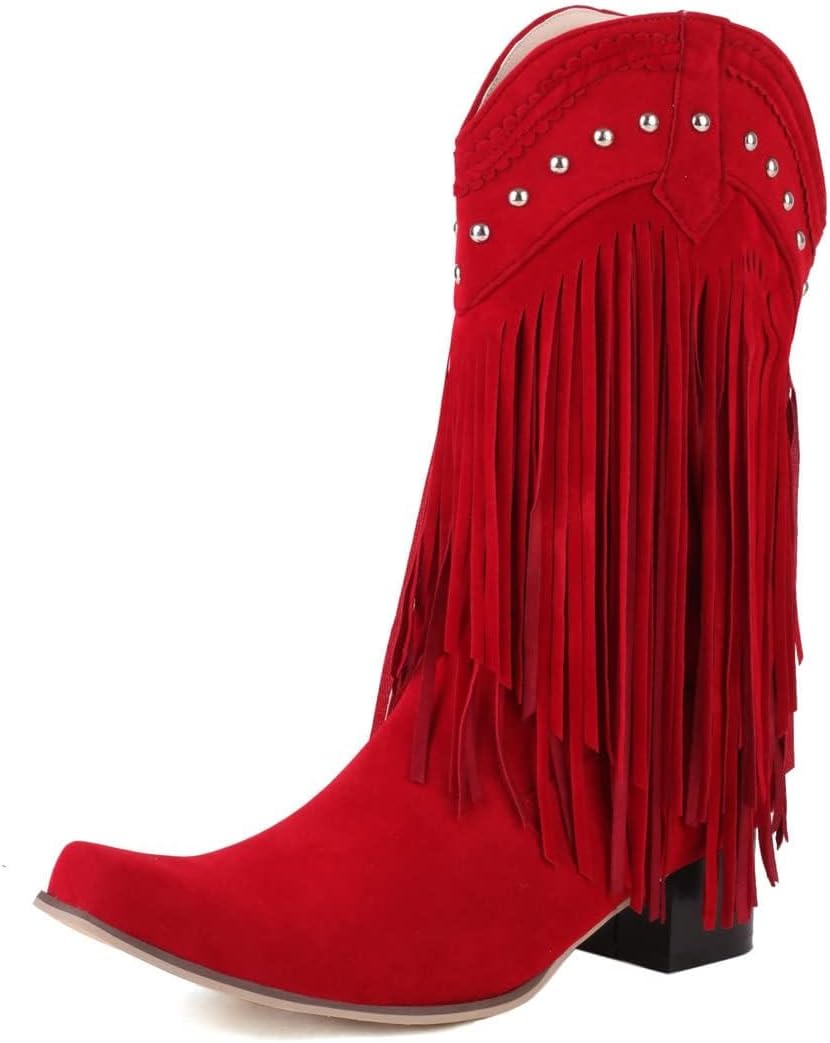 KiutSymo Mid Calf Fringe Boots For Women Cowboy Pointed Toe Chunky Heels Cowgirl Western Tassel Boots .
