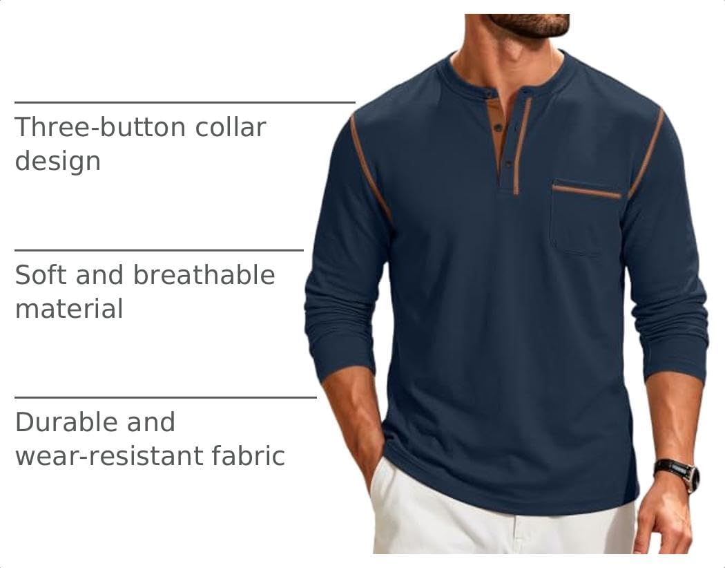 QOSOQ Men's Henley Shirt Long Sleeve T-Shirt Casual Top Pullover Lightweight Top Shirts with Button.
