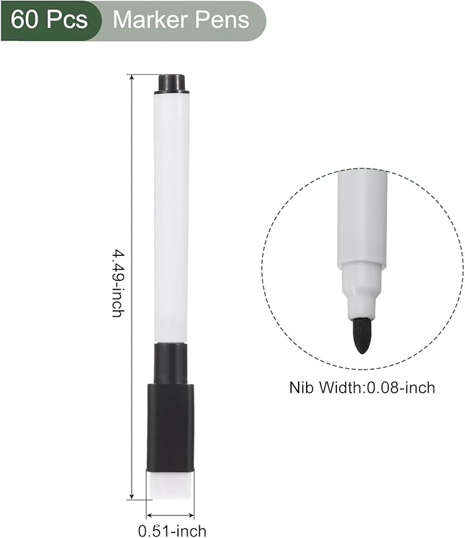 YOKIVE 60 Pcs Dry Erase Marker Pens, Pens with Eraser Cap Black Ink Fine Tip, Taking Notes, Great for Office/Home/Meeting Room (White)