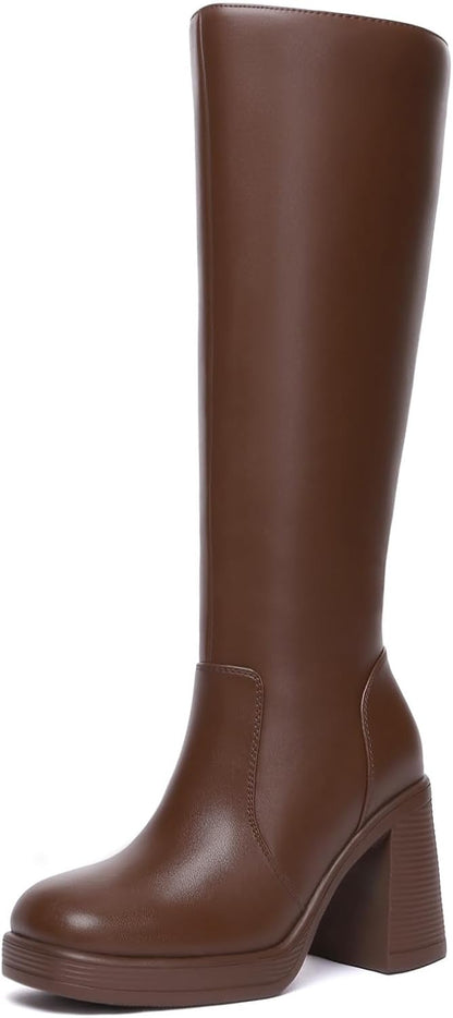 Size 6 Athlefit Knee High Boots Women Wide Calf Platform Boots with Side Zipper | PU/Suede, 3.68" Chunky Heel, 5mm Cushion, Square Toe, Stylish for Fall/Winter, Work, Travel, Party, City Walks, Womens Boots