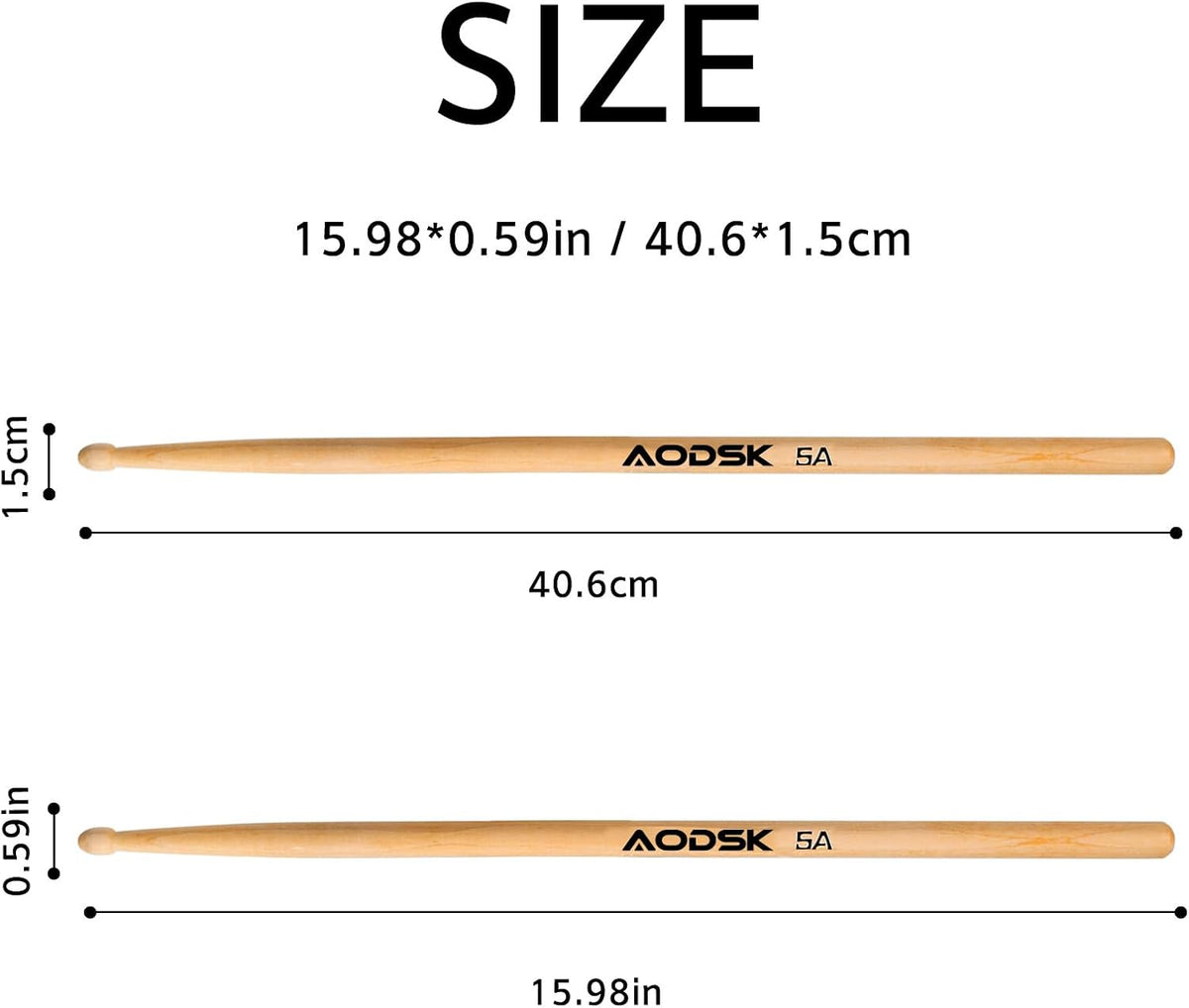 AODSK Drum Sticks 5A Classic America Maple Wood Tear Drop Tip Drumsticks Anti-Slip,Suitable for adults and children with storage Bags-1 Pairs