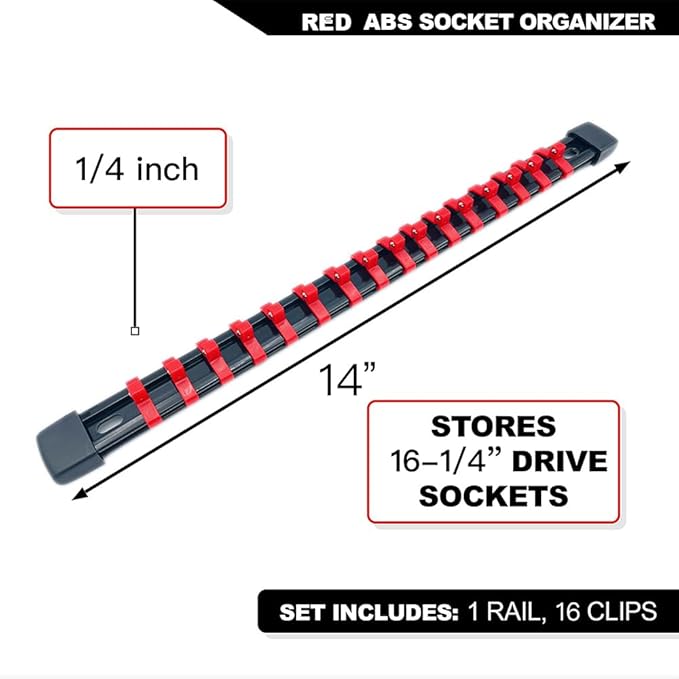 14-Inch Drive ABS Socket Organizer, Heavy Duty Socket Racks, Socket Holder Kit 14-Inch x 16 Clips Premium Quality Socket Clip Rail Holder(14-Red)